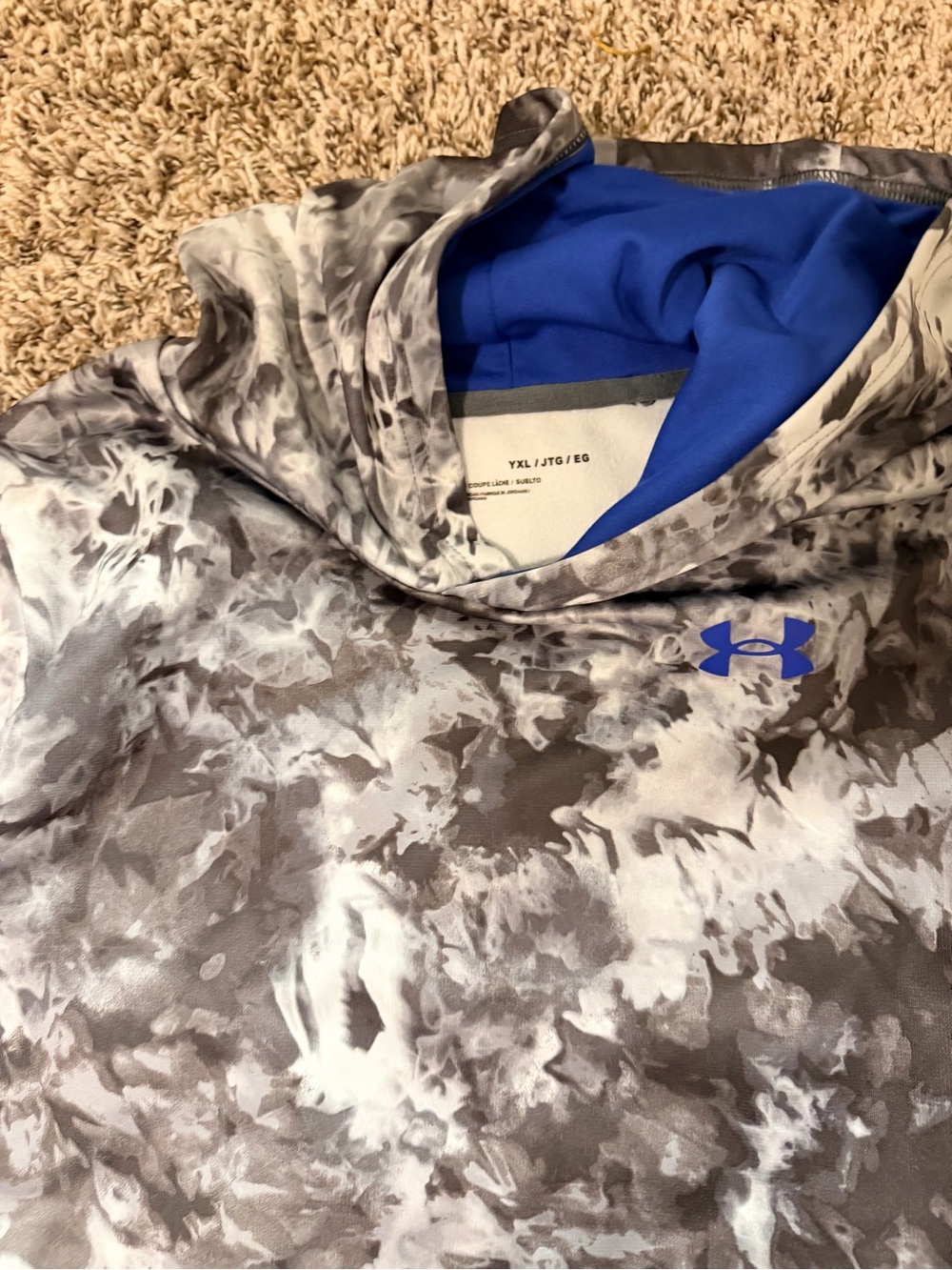 Under Armour Kids' Hooded Performance Jacket - Gray Camouflage with Blue Accent